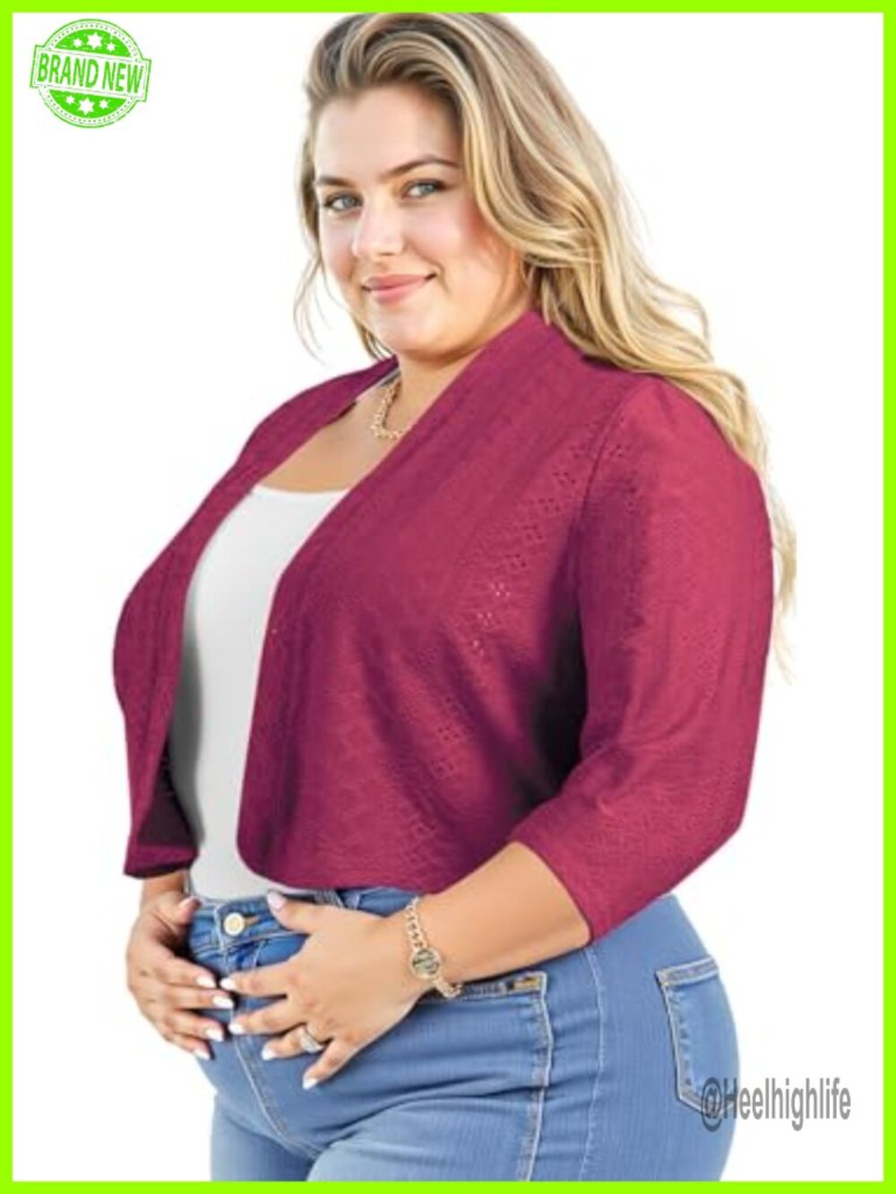 Womens Plus Size Open Front Shrug 3/4 Sleeve Cropped Bolero Openwork Knit